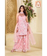 &quot;Hot Pink Net Kurta Palazzo Set with Dupatta - Sequence Embroidery Work - $65.00