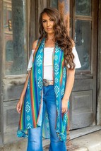 Kimono Serape Chiffon Mid Length Women&#39;s Vest Rainbow Teal Small - $520.14 MXN