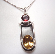 Faceted Garnet and Citrine Oxidized 925 Sterling Silver Necklace - £15.73 GBP