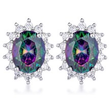 Precious Stars Silvertone Aurora Borealis Cubic Zirconia Oval Royal Earrings - £14.95 GBP
