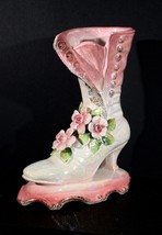 Boot Porcelain Victorian Boot Vase Pink White Floral Iridescent - $14.95