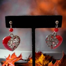 Red Enameled Heart Dangle Earrings Romantic Bohemian Pierced Valentines PATINA - $14.84