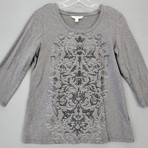 Laura Ashley Women Shirt Size M Gray Stretch Preppy Studs 3/4 Sleeves Scoop Neck - £9.87 GBP
