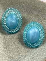 Large Slightly Translucent Oval Aqua Blue Plastic Faux Cab w Beaded Edge Post - £7.55 GBP