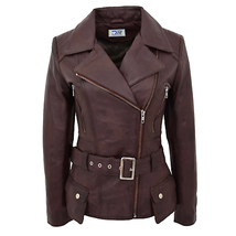 DR205 Women’s Slim Fit Cut Hip Length Biker Leather Jacket Brown - £155.08 GBP