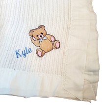 Vintage Beacon White Waffle Weave Baby Blanket Nylon Trim Teddy Bear Kyle 50x33 - $33.75