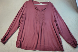 Christopher &amp; Banks Blouse Top Womens Size XL Pink Embroidered 100% Rayon V Neck - £13.05 GBP