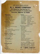 H J Heinz Hotel Restaurant &amp; Steamship Service Items Card Long Island Ci... - $17.82