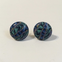 Blue Green Button Earrings Ceramic Unique Handmade Purple Post Pierced Best Gift - £27.97 GBP