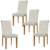 Set of 4 Tufted Dining Chair Parsons Upholstered Fabric Chair Wooden Legs Beige - £270.59 GBP