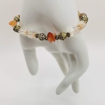 Carnelian Agate Chip Beaded Stretch Bracelet Clear Gold Tone Beads - £7.97 GBP