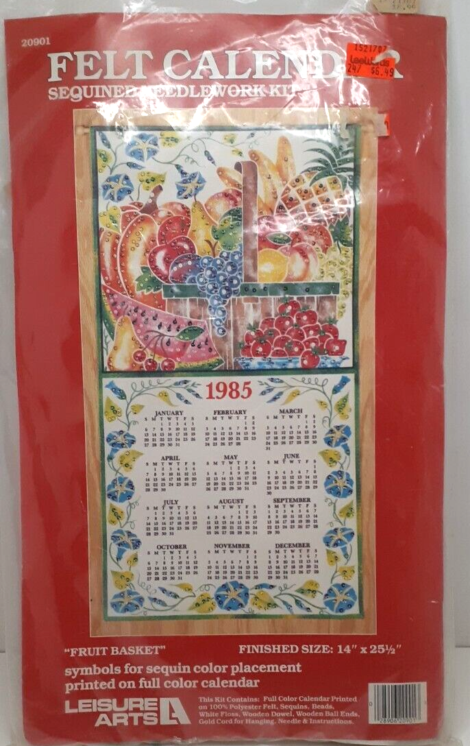 Leisure Arts Felt Calendar Sequined Needlework Kit: Fruit Basket 1985 New Sealed - £7.56 GBP