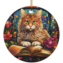 Funny Cat Book Ornament Multicolor Stained Glass Flower Wreath Christmas Gift - £11.57 GBP