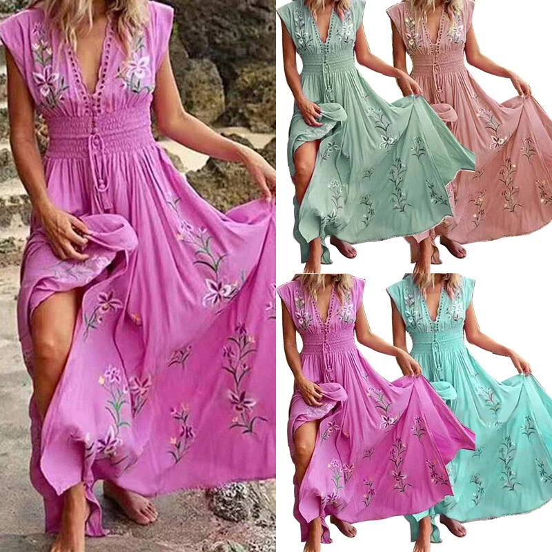 Women Boho Floral Sleeveless Beach Dress V Neck Maxi Dress Sundress - $19.50
