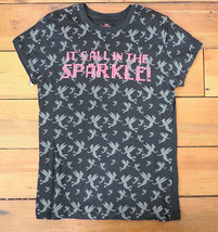 Tinkerbell &quot;All In The Sparkle&quot; Black Metallic Pink Punk Shirt Disney S-M Womens - £19.49 GBP
