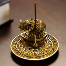 Feng Shui Golden Elephant With Trunk Up Lotus Padma Incense Burner Dish Figurine - £12.57 GBP
