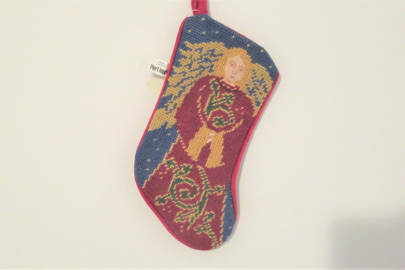 angel christmas stocking, Pier One needlepoint stockings, small vintage stocking - $15.00