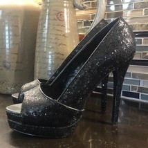 Black glitter Jocelyn open toe platform heels - £23.59 GBP