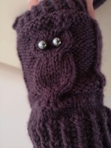 new Purple Owl Knit Fingerless Gloves Mittens Wool Blend Handmade - £20.29 GBP