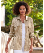 Boston Proper Sz L Gold Metallic Brushed Linen Utility Jacket Pockets Bu... - $76.91