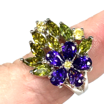 Fashion Ring Yellow Purple Glass Silver tone Cut Ring Size 7 - £17.30 GBP