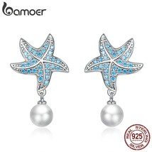 Ling silver ocean blue starfish with pearl stud earrings for women engagement statement thumb200