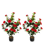 38 Inch Artificial Camellia Tree Faux Flower Plant in Cement Pot 2 Pack-... - £127.67 GBP