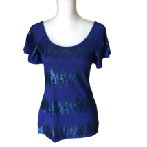6 Degrees Sparkle &amp; Shine Short Sleeve Sequin Embellished Top Size M Blue - $25.08