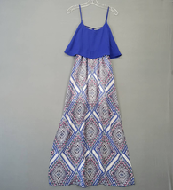 B Darlin Dress Women Size 6 Blue Maxi Geo Print Preppy Spaghetti Strap Side Slit - £9.74 GBP