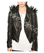 Woman Handmade Full Black Long Spiked Studded Punk Rock  Biker Leather Jacket - $329.99