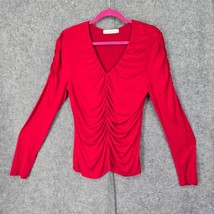 Woman&#39;s Top Large Red Long Sleeve Ruched Draped Front and Sleeves Stretchy V-Nec - $9.49