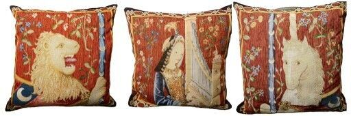 3 Large Gorgeous French Medieval Lion, Unicorn, Lady Tapestry Pillows 19" x 19" - $163.35
