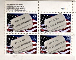 U S Stamp - POW &amp; MIA Never Forgotten Dog Tag 32c Stamp Plate Block of 4 - £2.65 GBP