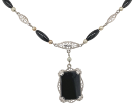 Filigree 10k Gold Genuine Black Onyx Necklace Onyx and Pearl Bead Accent... - €229,52 EUR