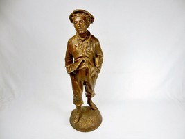 21&quot; Bronze Figurine, School Boy Carrying Book, 1890s, Patina, C. Anfry, ... - $489.95