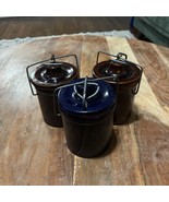 Set Of 3 Vintage Brown Glaze Ceramic Cheese Crock W/Lid &amp; Locking Bale Wire - $20.30
