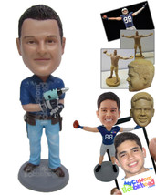 Personalized Bobblehead Handyman Wearing T-Shirt And Jeans Working With A Drill  - £71.55 GBP