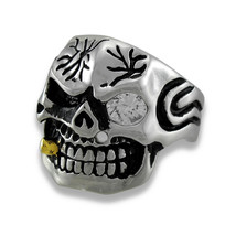 Zeckos Stainless Steel Tribal Skull Ring with Cigar and Rhinestone Eye Size 11 - £18.80 GBP