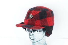 Vtg 50s Adult Large Wool Buffalo Plaid Skiing Button Ear Flap Hat Cap Union Made - £62.24 GBP