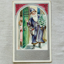 Long Blue Robe Santa Claus &amp; Children Holding Toy Sack &amp; Tree Christmas Postcard - £19.06 GBP