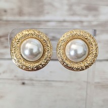 Vintage Clip On Earrings Domed Faux Pearl with Ornate Gold Tone Halo - £11.95 GBP