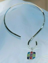 Costume Jewelry Silver Tone Metal Choker Necklace w Multi Color Enamel Pendants - £15.90 GBP