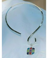 Costume Jewelry Silver Tone Metal Choker Necklace w Multi Color Enamel P... - £15.47 GBP
