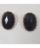 Vintage Stud Earrings Beveled Black w/ Gold Tone 1 Inch Oval - $26.05 CAD