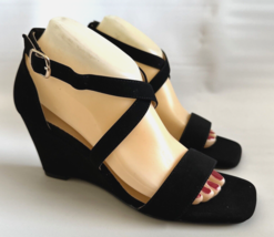 Idifu Black Suede 3&quot; Wedge Heels Ankle Strap Size 10 Shoes Sandals Dress... - $21.46