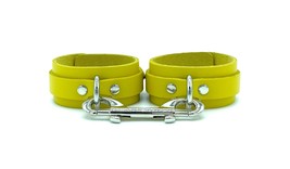 BDSM Yellow Leather Candice Handcuffs with Silver Hardware, Kink wear, S... - £55.82 GBP