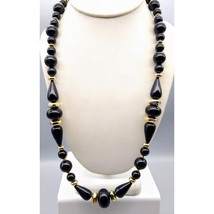 Chic Vintage Black Lucite Beads Necklace with Gold Tone Spacers, Lovely Basic - £30.16 GBP