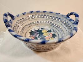 Vintage Hand Painted Blue &amp; White Ceramic Lattice Bowl with Handles Frui... - £17.86 GBP