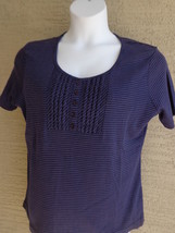  Being Casual Ribbed Cotton Blend Buttoned Pleated Front Top L Navy striped - £9.43 GBP