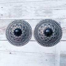 Vintage Clip On Earrings Statement Large Ornate Silver Tone with Black Center - £12.78 GBP